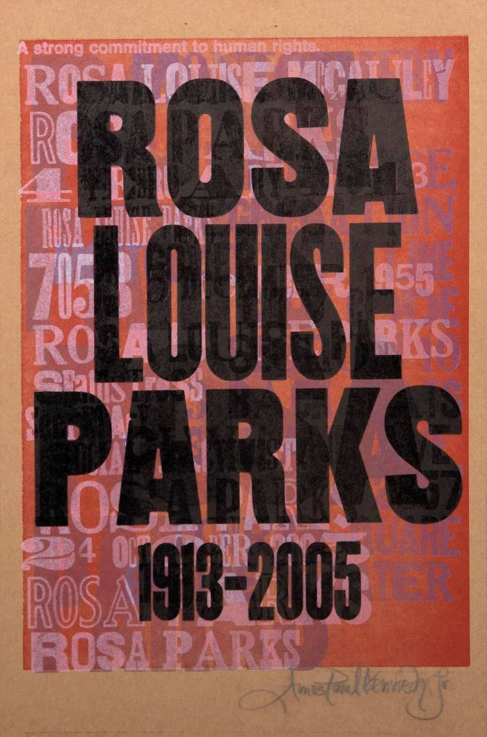 Image of a print with "Rosa Louise Parks" and her life dates in black over a red background.